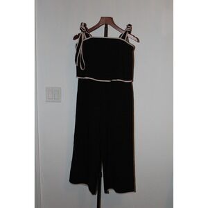 Black Two Piece Set Tie Shoulder Crop Top and Wide Leg Pants Contrast Trim S